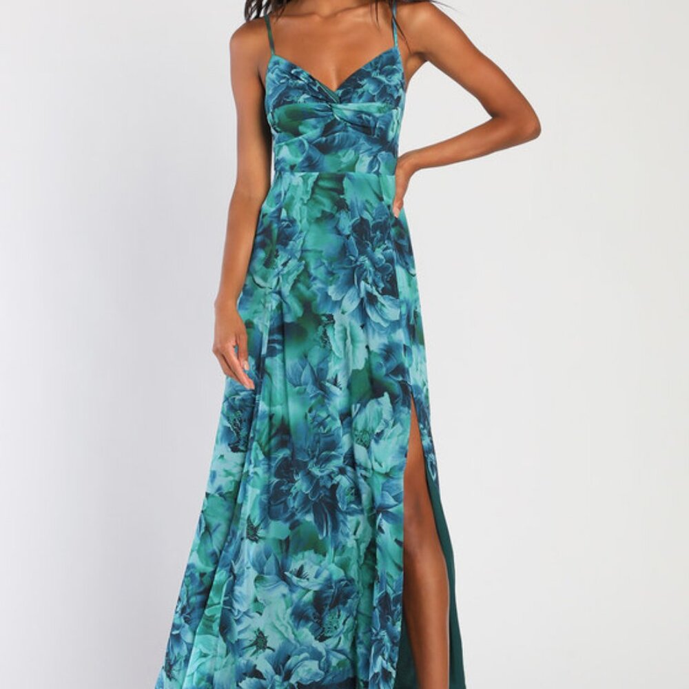 Lulus Beautiful Soul Teal Green Floral Print Twist-front Maxi Dress - Size M